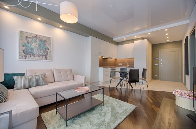 bright, modern living room and open concept kitchen
